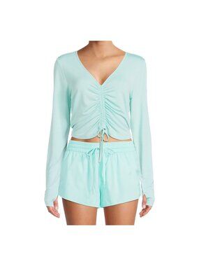 PSK Collective Womens Shirring Thumbhole LS Top Size XXL Green Cropped NWT